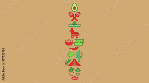 Vertical stack of Christmas ornaments and festive decorations arranged as a slim holiday garland display