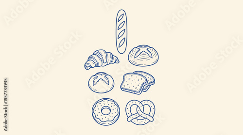 Blue line art bakery assortment illustration featuring croissant, loaf, sliced bread, donut, pretzel and roll.