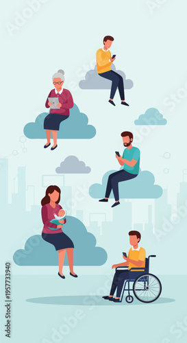 Diverse people on clouds mobile.
