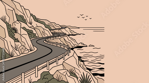 Coastal cliffside road winding along the ocean with a guardrail in a stylized warm sunset illustration