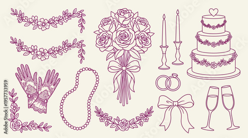 Pink line-art wedding accessories collection featuring bouquet, floral garland, cake, candles, rings, bow, ribbon, jewelry, and shoes.