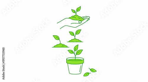 Green line art illustration of a seedling growing in a pot, showing multiple sprouts and fresh leaves at different growth stages.