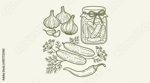 Vintage botanical illustration of garlic bulbs, cucumbers, carrots, peppers and a jar of pickles in a rustic hand-drawn arrangement.