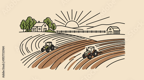 Pastoral farmland scene with tractors plowing sunlit fields beneath a rising sun, featuring rural farms, farmhouses, trees and barns.
