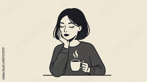 Minimalist vector illustration of a woman with dark hair sipping a hot drink at a table, creating a cozy cafe mood.