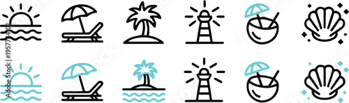 beach icon set tropical vector line art sun palm umbrella shell