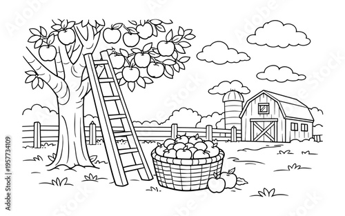 Farm scene with apple tree, ladder, basket of apples, and barn