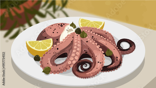 Plated vector illustration of octopus with lemon slices herbs on white dish