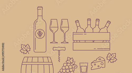 Wine tasting still life with bottles, glasses, cheese and grapes on a wooden crate and barrel illustration