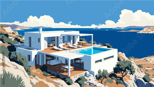 Modern vector illustration of luxury white Greek villa with pool overlooking blue sea