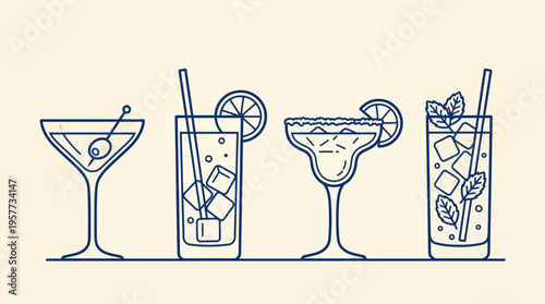 Four blue line-art cocktail illustrations featuring martini, margarita, mojito, and highball glasses for bar, nightlife, and party visuals