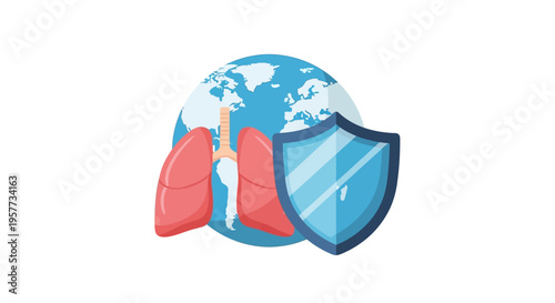 Illustration of lungs and shield over globe for World Tuberculosis Day and Lung Health Education