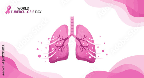 Illustration of pink lungs with trachea and bronchi on a white background with pink accents for World Tuberculosis Day and Lung Health Education campaigns