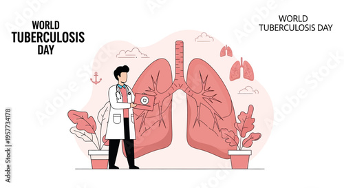 An infographic illustration for World Tuberculosis Day featuring a doctor examining lungs with a stethoscope in a medical setting with a red and pink color scheme conveying health