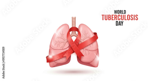 Illustration of lungs with a red awareness ribbon for World Tuberculosis Day and Lung Health Education on a white background