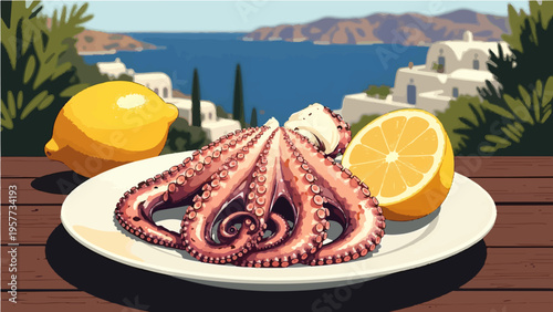 Vector illustration of fresh octopus on wooden table with lemon and sea view background