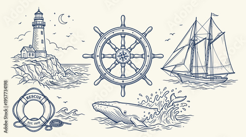 Hand-drawn nautical scene with lighthouse, ship wheel, sailing ship, lifebuoy and ocean waves