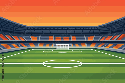 Empty football stadium vector illustration with green field, goal, and orange sunset sky for sports events