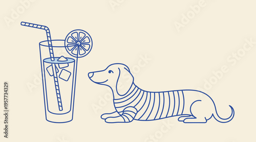 Minimalist blue line drawing of a striped dachshund lounging beside a tall glass with a lemon slice and straw