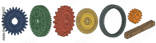 Comprehensive collection of diverse colorful mechanical gears cogs wheels and gear rack components for industrial engineering machinery and technical design projects isolated on white background