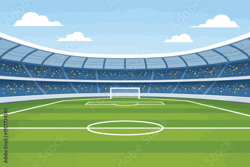 Empty outdoor soccer stadium vector illustration with green field, goal, and blue sky for sports events