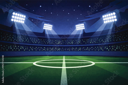 Empty Football Soccer Stadium Vector Illustration with Bright Spotlights and Green Field at Night