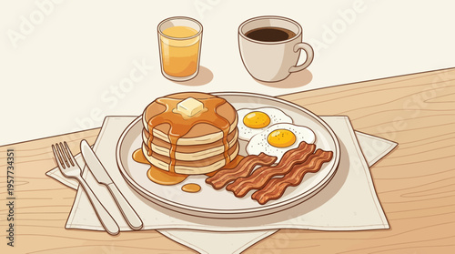 Illustration of a breakfast plate with pancakes, sunny-side-up eggs, bacon, orange juice and coffee on a wooden table