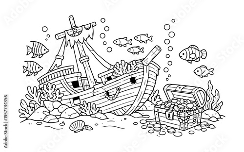 Cartoon sunken pirate ship with treasure chest and fish underwater scene