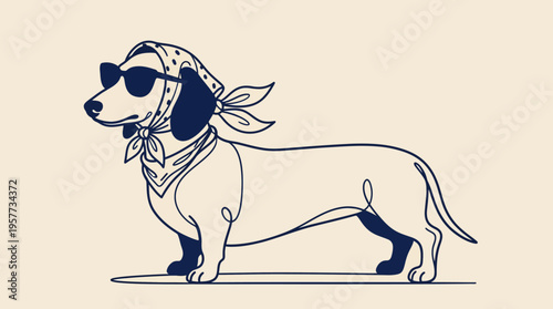Line drawing of a beagle wearing a bandana and scarf, standing in profile on a beige background