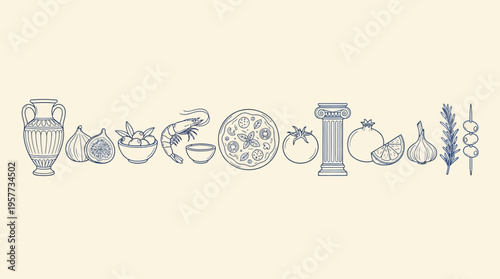 Decorative line of classical antiquities icons featuring vases, amphorae, pottery, a mosaic plate, and architectural columns in a continuous antique motif.