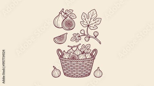 Hand-drawn vintage basket of vegetables and fruits with leaves on a pale beige background