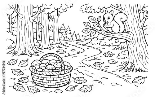 Charming forest scene with a squirrel, basket of mushrooms, and winding path