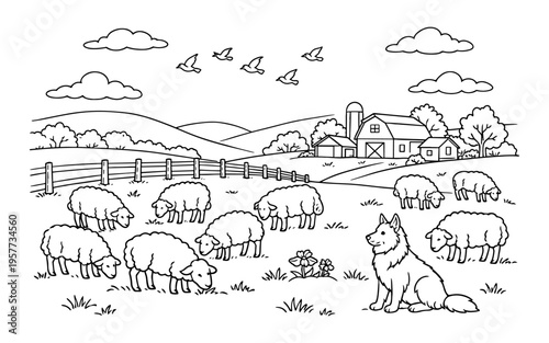 Charming farm scene with sheep grazing peacefully under a blue sky with birds flying