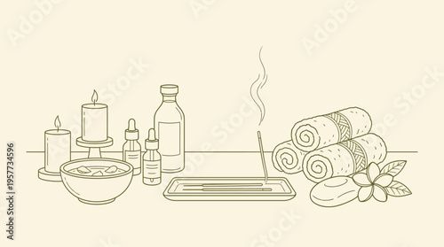 Calm home spa setup with candles, essential oils, glass bottles, a tray, and rolled towels for relaxation and aromatherapy.