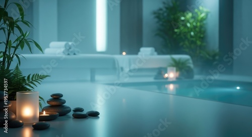 Serene Spa Interior with Massage Table and Pool.