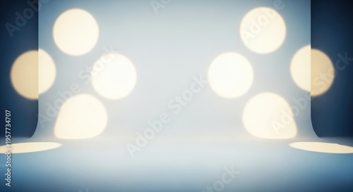 Abstract Light Blue Studio Background with Bokeh Lights.