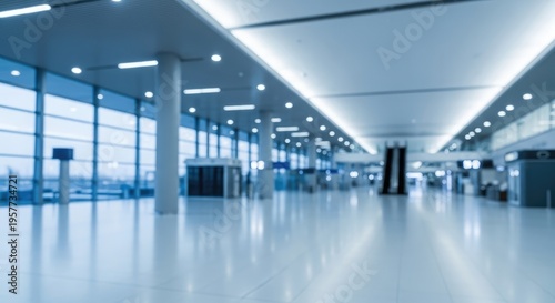 Modern Airport Terminal Interior with Bright Lighting and Expansive Windows.