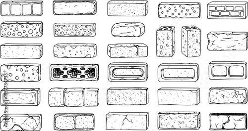 Hand-Drawn Sketch Set of Construction Bricks and Concrete Blocks. Detailed line art vector collection of various building materials, including hollow, solid, and decorative bricks.