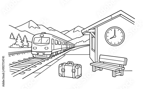 Train arriving at a scenic mountain station with luggage and a clock