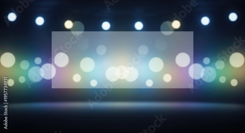 Empty Stage with Bright Bokeh Lights and Blank Screen for Presentations.