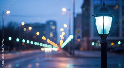 Urban street lamp glowing at dusk with blurred city lights.