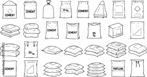 Hand-drawn vector set of cement bags and sacks. Assortment of construction material packages, stacked and individual, with labels like 'CEMENT', '25 kg', and 'PORTLAND'.