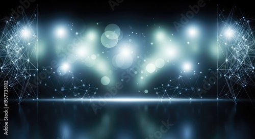 Futuristic stage with bright spotlights and glowing network connections.