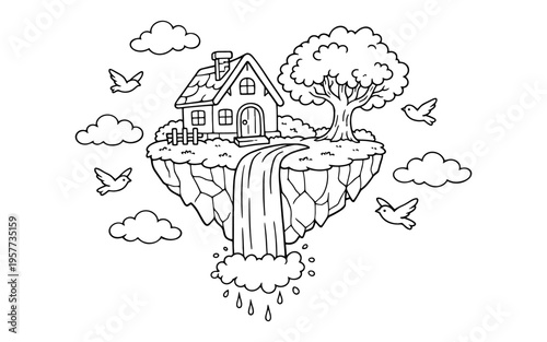 Whimsical floating island with a house, tree, and waterfall in the sky