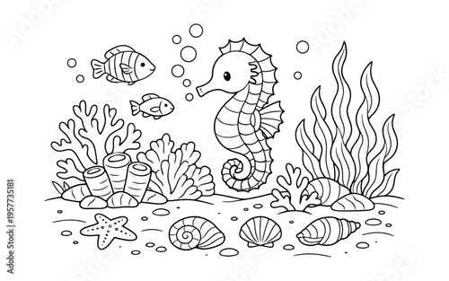 Cute cartoon seahorse and fish swimming among coral and shells