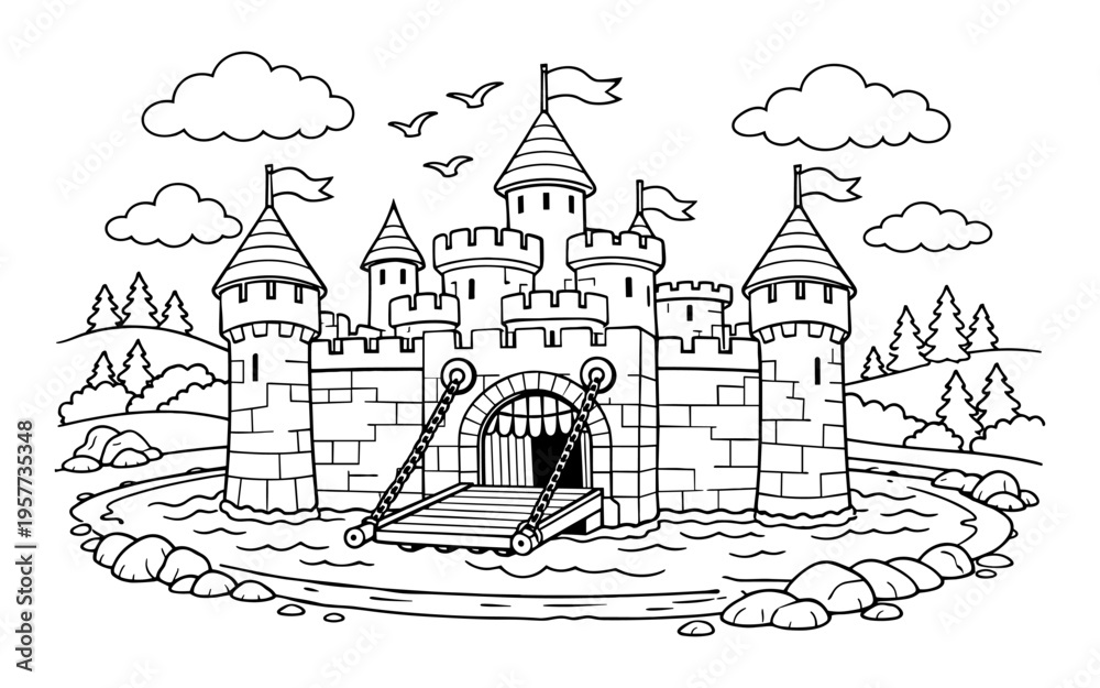 Obraz premium Whimsical medieval castle with a drawbridge over a moat, set in a fantasy landscape