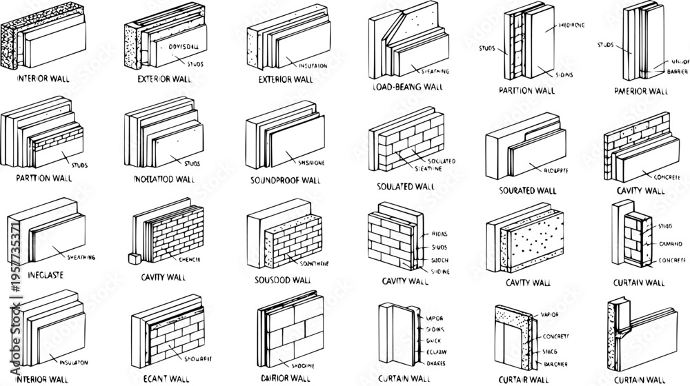 Fototapeta premium Detailed Architectural Cross-Section Diagrams of Various Building Wall Types showcasing Construction Materials and Structural Elements