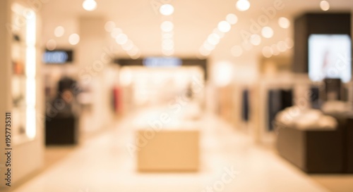 Blurred Abstract Background of Modern Shopping Mall Interior with Warm Lighting and Soft Focus.