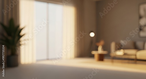 Blurred Living Room Interior with Sunlight Streaming Through Curtains.