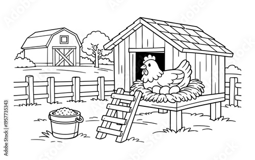 Farm scene with hen sitting on eggs in a coop next to a barn